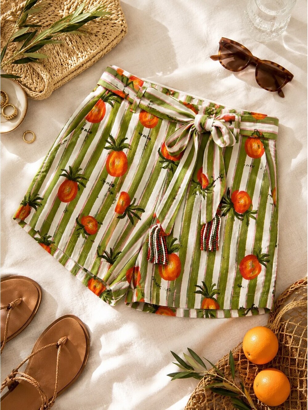 FARM Rio Anthropologie Fresh Picked Fruit Stripe Belt Linen Shorts Green M NWOT